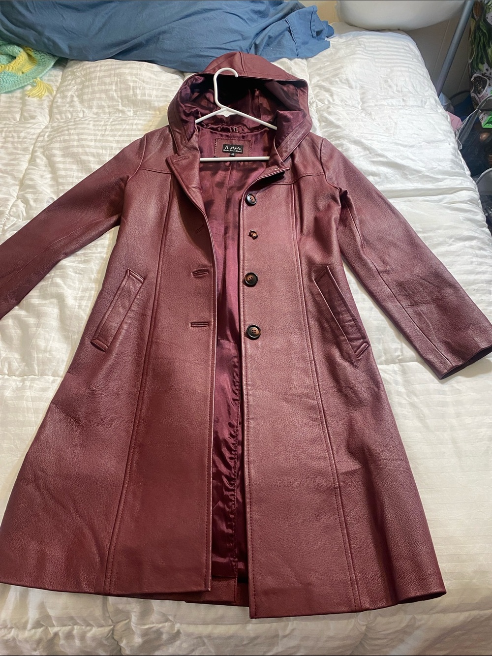 Vintage 90’s Women's Burgundy Leather Hooded Trench Coat